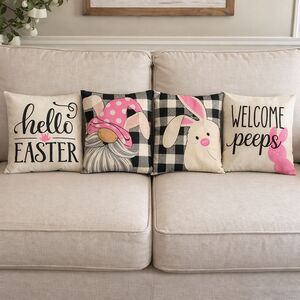 Set Of 4 Buffalo Checked/Word Graphic 18"x18" Farmhouse Spring Pillow Covers #H